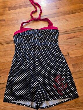 Hot Topic Anchor Polka Dot Black/Red Trim Romper XL